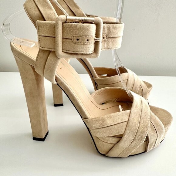GUCCI Nude Suede Ankle Strap Chunky Heel Platform Sandals Size 38 (US 8) - Picture 11 of 14
